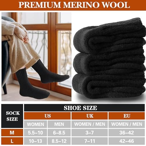 Sandsuced Merino Wool Thermal Boot Socks for Men Women Winter Warm Thick Cosy Walking Hiking Work Stocking Fillers Socks 3 Pairs(Black Series,M) — view 5