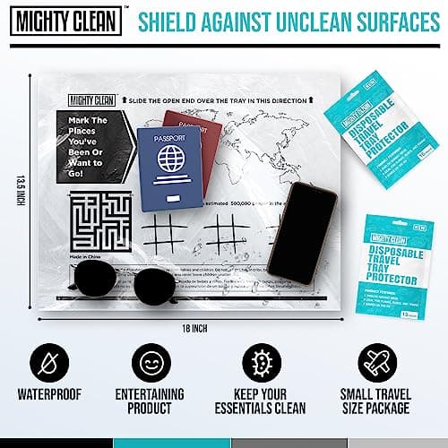 15 Disposable Travel Tray Protectors by Mighty Clean │ Airplane Travel Essentials for Toddler, Kids, and Adults │ Must Have for Flying │ Provides a Clean Surface and Entertainment │ 15 Pack — view 2