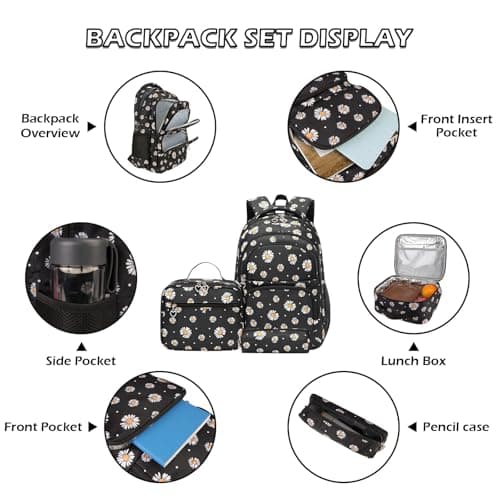 SIVENKE Daisy Printed School Backpack Set with Lunch Bag Pencil Case 3 Pieces School Bags for Teens Girls Boys Primary Junior Middle School Water Resistant Lightweight Bookbag Travel Rucksack — view 3