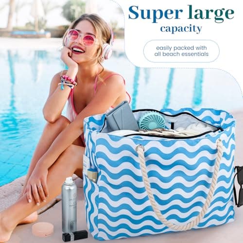 Large Beach Bag for Women with Zip,Summer Beach Tote Bags with Pockets — view 3
