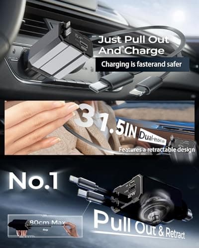 Retractable Car Charger, 4 in 1 Fast Car Charging USB c,Road Trip Essentials,Travel Essentials Gifts for Women Men, Car Accessories for iPhone 16 15 14 13 12, for Samsung, Black (C01) — view 4