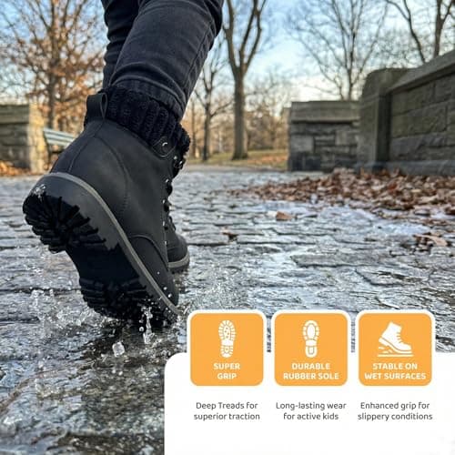situkeke Boys Girls Ankle Boots Walking Hiking Boots Side Zipper Lace Up Kids Ankle Booties Waterproof Kids Trainers High Top Outdoor Footwear,Black,EU38 — view 4