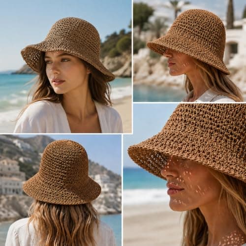 AXXSIL Straw Bucket Hats Women, Foldable Wide Brim Sun Hat Khaki — view 6