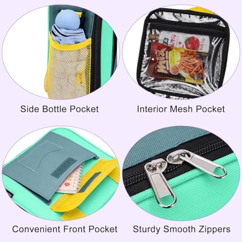 Kuosdaz Lunch Box for Kids, Large Double-Insulated Lunch Bag for Boys, Cooler Bag Back to School Thermal Reusable, Cute Preppy Students Lunch Tote Pail with Water Bottle Holder, Blue & Green — view 5