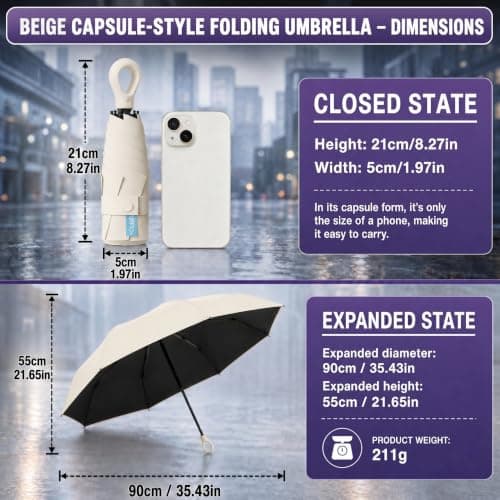 HUA JET Mini Umbrella for Women - UPF 50+ UV Protection, Sun & Rain Dual Use, Ultra-Compact Pocket Size, Lightweight Foldable Travel Umbrella with Case, Portable Shade for Beach, Commute (Off-white) — view 2