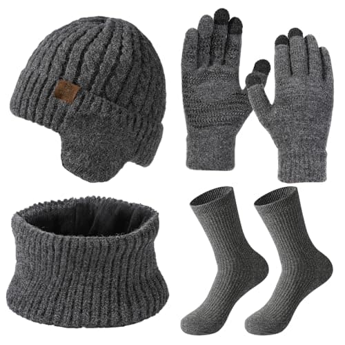 wokdsbl 4Pcs Mens Hat Scarf Gloves Set with Socks Grey