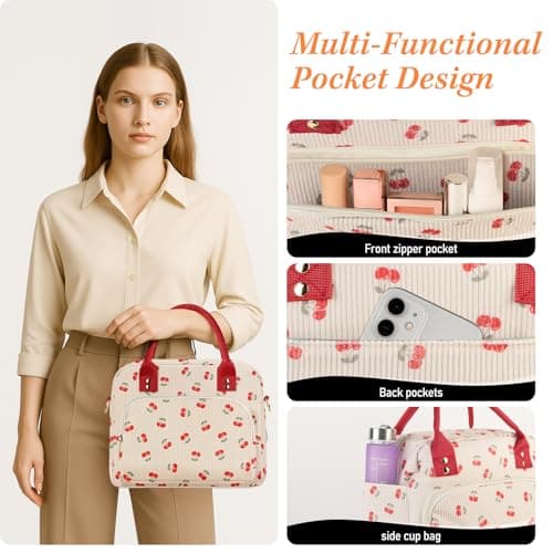 TXBOBECO Lunch Bag for Women & Kids, 11.5L Large Insulated Lunch Box Bag, Adults Girls Packed Lunch Box Tote Bags with Shoulder Strap, Soft Cooler Picnic Bags for Work School Picnics (Cherry) — view 4