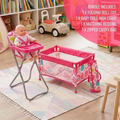 BiBi Doll Travel High Chair & Cot Bed Set with Carry Bag, Feeding Tray & Bedding - Folding Nursery Furniture for Dolls up to 20" - Pink Patterned Baby Doll Accessories for Girls & Boys Aged 3+ — view 6