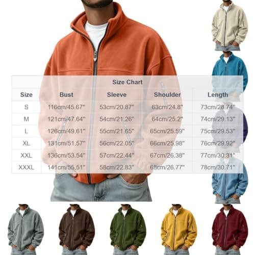 Fleece Jacket Mens Oversized Stand Collar Multi Pocket Solid Full Zip Coat — view 6