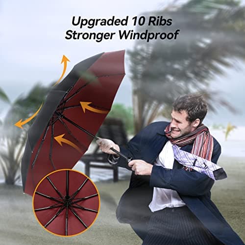 TechRise Umbrella Compact Windproof Travel Umbrellas: Easy Auto Open Close, Strong Fiberglass Frame, Durable Folding Lightweight Portable Automatic Backpack Umbrella for Men and Women, 10 Ribs — view 2