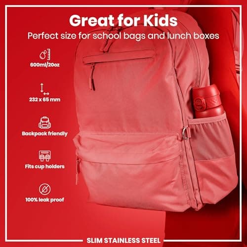 Ion8 Lightweight Steel Water Bottle, 600 ml/20 oz, Non-Insulated, Leak Proof, Easy to Open, Secure Lock, Dishwasher Safe, Flip Cover, Fits Cup Holders, Carry Handle, Metal Water Bottle, Red — view 2