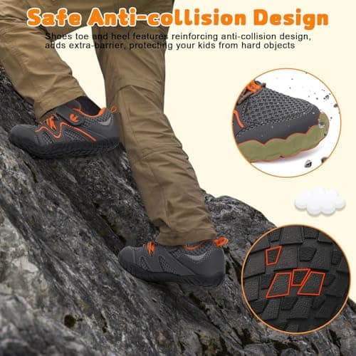 JIASUQI Kids Shoes Boys Girls Barefoot Walking Shoes Kids Breathable Hiking Shoe Lightweight Outdoor Tennis Shoe(Grey Orange,Big Kid Size 3) — view 2