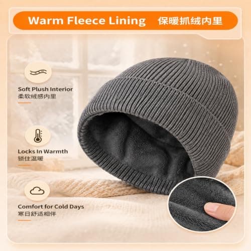 WHJYCC Light Grey Ribbed Beanie Hat, Fleece Lined Winter Knit, One Size — view 5