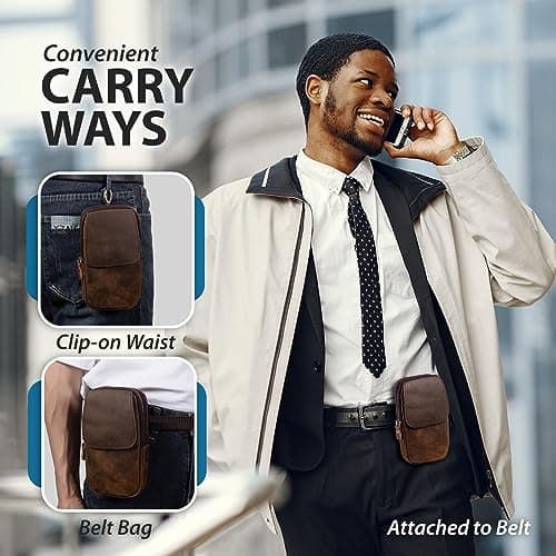 Hengwin Genuine Leather Mobile Phone Belt Bag, Cellphone Crossbody Pouch for Men, Mobile Phone Accessories, Outdoor, Travel, Waist Bag with Belt Clip, Messenger Bag Organizer (Coffee) — view 5