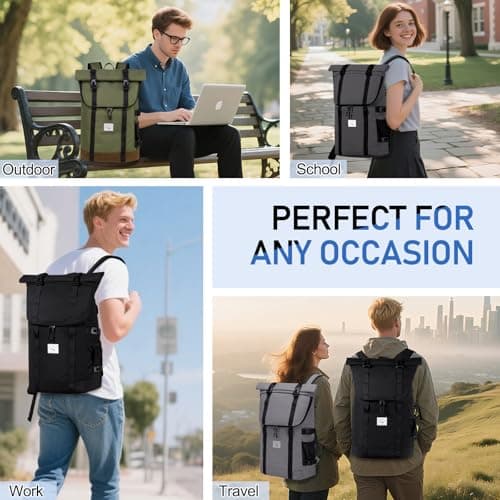 Kasgo Roll-Top Backpack, 15.6" Laptop Uni Work Travel Rucksack Black — view 6