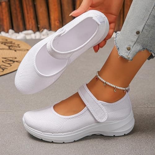 Mary Jane Sneakers for Women Wide Fit Orthopedic Trainers Walking Breathable Adjustable Strap Anti Slip Summer Casual Ladies Outdoor Sport Shoes (White 5.5 UK/Foot Length 24.5cm) — view 2