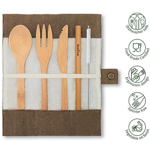 Bamboo Cutlery Set | Wooden Cutlery | Eco-Friendly Cutlery Set | Knife, Fork, Spoon & Straw | Travel Cutlery | Camping Cutlery with Storage Cover | Olive | Bambaw — view 4