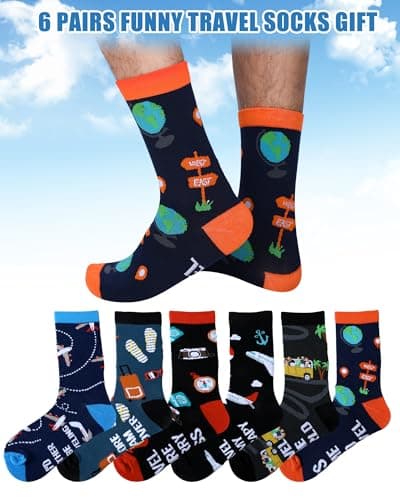 Eurzom 6 Pairs Funny Travel Socks for Men I'd Rather Be Traveling Gift Novelty Men's Travel Crew Socks for Travel Lovers and Travelers, Multi-color, One Size — view 5