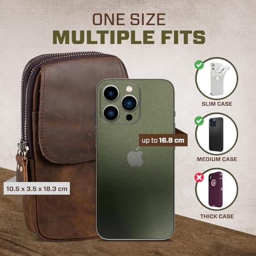 Hengwin Multifunctional Genuine Leather Double Zip Bags Men Vintage Look Shoulder Bag Mobile Phone Belt Bag Phone Holster for Travel, Outdoor Activities (Coffee) — view 4