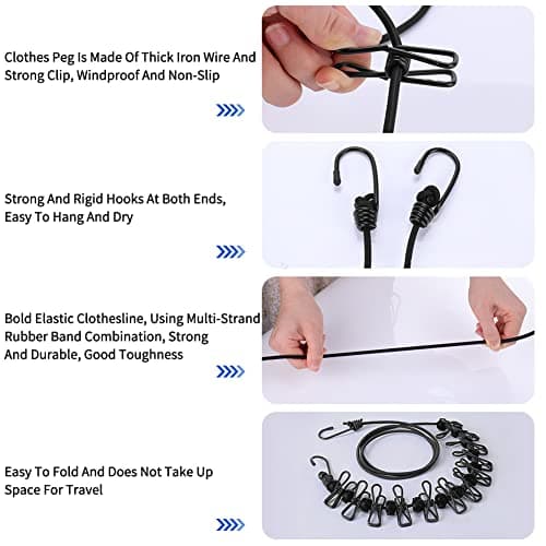 lohey Retractable Washing Line, Portable Clothes Lines for Outside, Travel Washing Line Rope with 12 Clips for Travel Camping Accessories — view 6