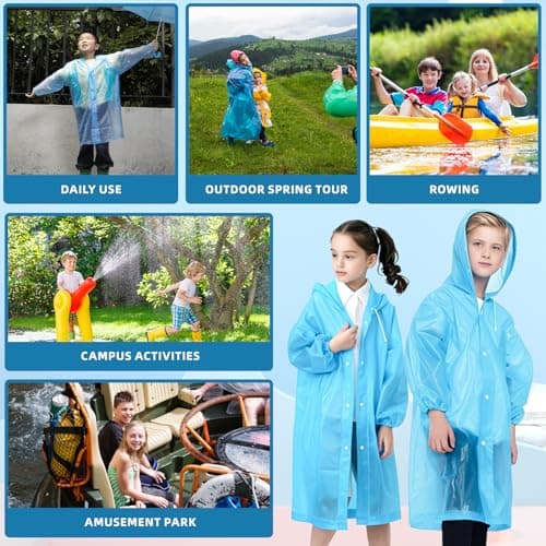 WOHSEROM 2 Pack Rain Ponchos for Kids Reusable,Thickened EVA Travel Raincoat Jacket with Hoods and Sleeves,Lightweight Light Blue Capes Ponchos for Boys and Girls Outdoor Camping Travel — view 6