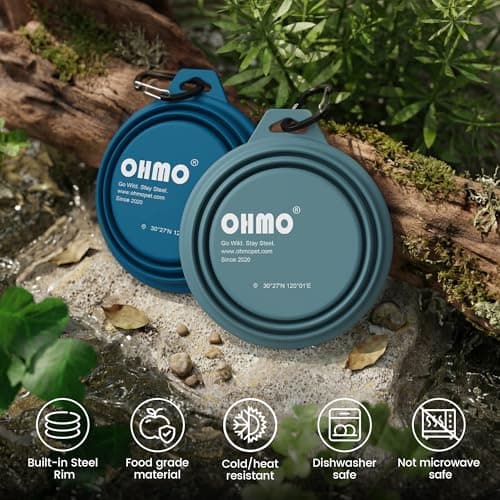 OHMO Collapsible Dog Bowl with Steel Ring, 400ml, 2pcs, Dark&Light Blue — view 5