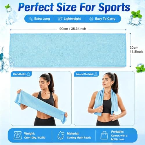 XQMMGO 100 x 30 cm Instant Cooling Towel for Neck & Face, Ice Cold Microfibre Sports Gym Towel with Portable Bottle, Breathable Sweat Bandana for Running, Yoga, Golf, Travel & Hot Weather (light blue) — view 2