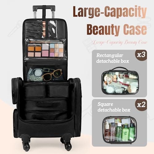 Rolling Makeup Train Case, Professional Makeup Organiser Case, Large Travel Cosmetic Organizer Make Up Storage Bag Trolley for Artist, Hairstylist, Vanity Beauty Box with 5 Toiletry Bags — view 5