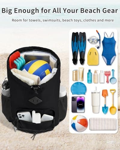 WANDF Drawstring Gym Bag Swim Bag with Removable Wet Pocket, Sandproof Beach Backpack with Compression Strap for Mat for Pool, Travel, Workout Gear (Black) — view 5
