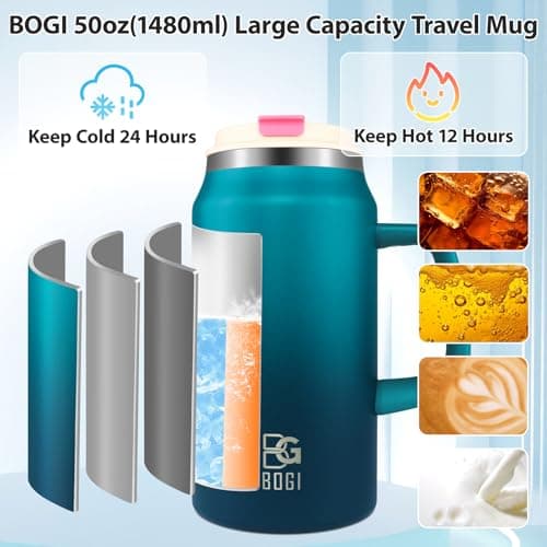 BOGI 50oz Tumbler with Straw and Lid,Large Capacity Travel Mug with Handle Insulated Stainless Steel Water Bottle Cup Keep Cold and Hot for Tea Coffee, Leak-Proof, BPA-Free, Non-Slip | BDblue — view 3