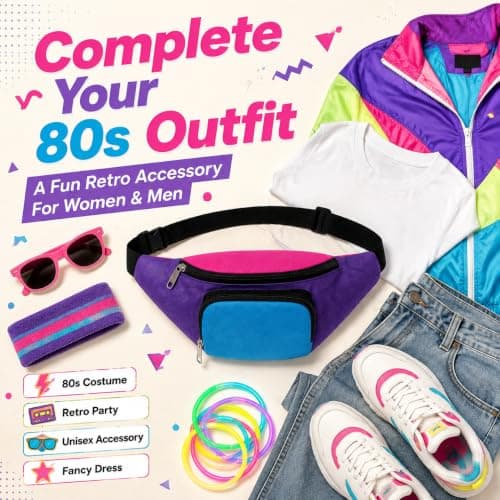 80s Retro Neon Bum Bag for Women Men, Bright Bumbag with 2 Zipped Pockets, Adjustable Waist Bag Crossbody Fanny Pack for Festivals Raves Fancy Dress Travel, 80s Accessories for Women — view 4