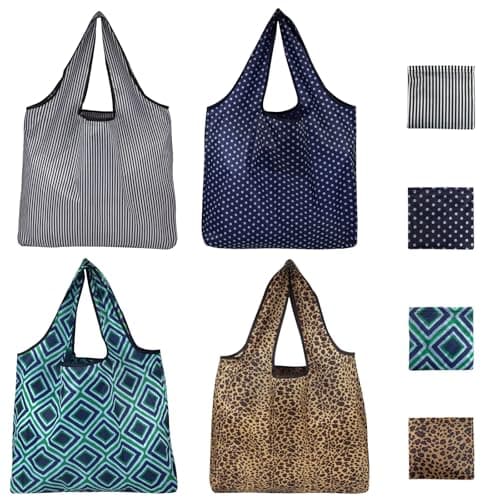 HapSmile 4 Pcs Reusable Shopping Bags Foldable, Fold Up Shopping Bag in Pouch Portable High Capacity, Foldable Shoppings Bag Waterproof for Daily Use, Travel, Picnic, 40 × 46cm