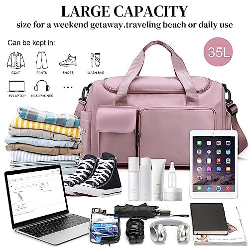 RainFlowwer Travel Duffel Bag Women Men,Sports Gym Bag with Shoes Compartment,Waterproof Travel Bag Overnight Bag with Dry Wet Separated Pocket,Carry Luggage Bag Weekender,Sports,Gym,Travel (Pink) — view 5