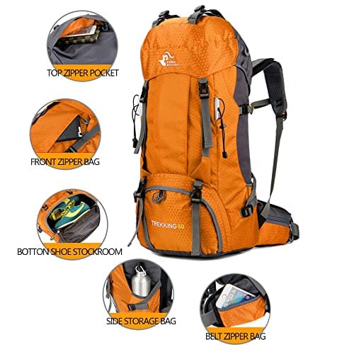 Bseash 60L Waterproof Hiking Camping Backpack with Rain Cover, Lightweight Outdoor Sport Travel Daypack Rucksack for Climbing Skiing — view 3