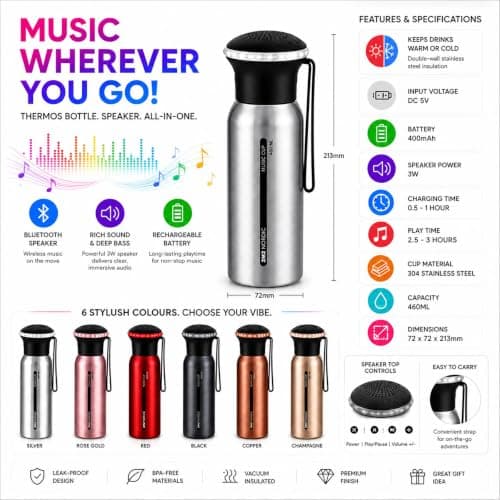 On the Go Hydration & Entertainment Gold 460ml Stainless Steel Water Bottle with Bluetooth Speaker. — view 4