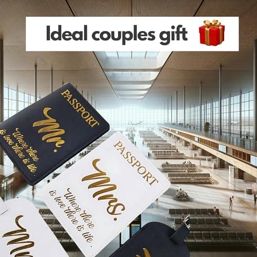 His and Hers Giftable Travel Pack | 2 x Passport Covers and 2 x Luggage Tags | Designed Especially for Couples Travel Lovers | Suitable Wedding Gift | Cute and Thoughtful | PU leather Black and White — view 4
