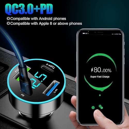 GemCoo 4 Port USB Car Charger Adapter 65W PD & Type-C & QC3.0 Cigarette Lighter USB Charger with LED Voltmeter Fast Charger Compatible with iPhone, Android, Samsung, iPad Pro — view 3