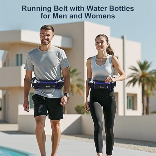 Running Belt with Water Bottles (2 x 175ML), Hydration Belt for Men and Women, Water Bottle Holder Running Pouch Belt, Fanny Pack Fits 7 inches Phones, Waist Pack for Running Hiking Climbing (Blue) — view 2