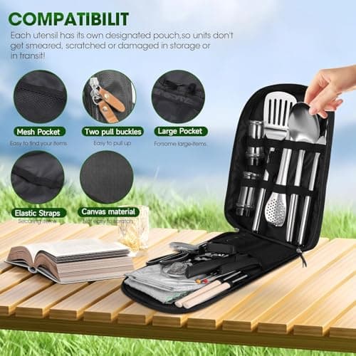 36Pcs Camping Cooking Set, Kitchen Utensils Organizer Travel Set, Camping Cooking Equipment Set for Outdoor Hiking Picnic Trekking BBQ with Cutlery, Seasoning Bottle, Storage Bag,Bottle Opener — view 2