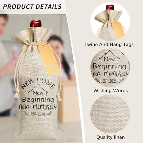Bliceon New Home Gifts, Linen Drawstring Bottle Bag with Tag and Rope, House Warming Gifts New Home, 2026 Wine Gift Bag for Women Men, Housewarming Gift, Family Accessories — view 3