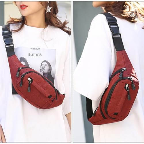 Meng Jiaran 2 Pack Bum Bag Bumbag for Men Women,Waterproof Waist Fanny Pack for Ladies, 4 Zip Pockets Adjustable Belt Cross Body Bumbags for Sport Running Walking Travel Cycling, Black, Red — view 6