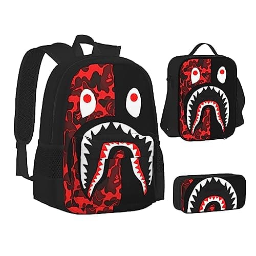 AABSTBFM Red-Black Shark School Bookbags Set with Lunch Bag Pencil Case, Travel Laptop Backpack School Bag 3pcs Set