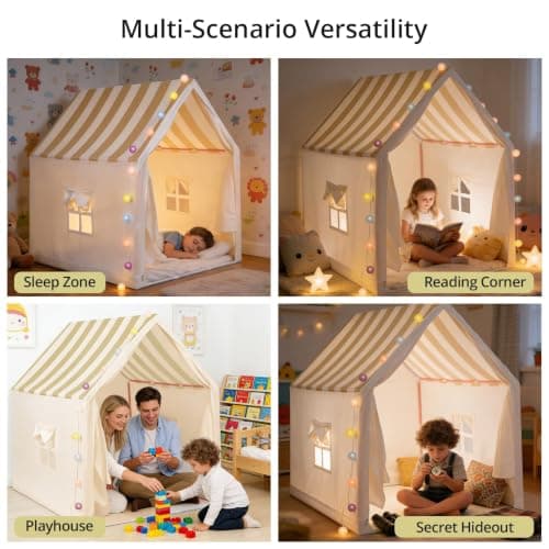 Anbte Kids Play Tent with String Lights Indoor, For 1-3 Kids, Beige Stripes — view 4