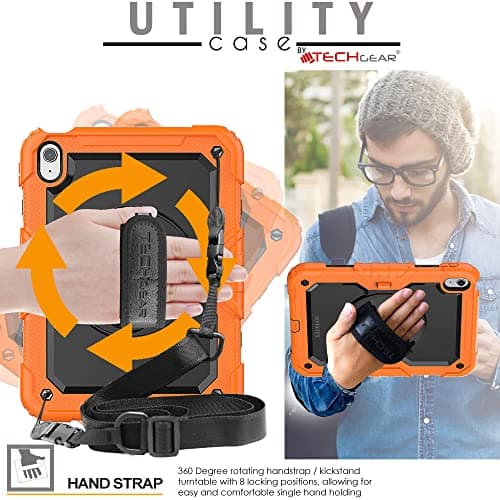 TECHGEAR UTILITY Case for iPad 11" A16 (11th Gen 2025) & 10.9" (10th 2022), Rugged Heavy Duty Shockproof Cover Screen Protection, 360 Stand, Hand & Shoulder Strap - for Work, School, Travel, Orange — view 6
