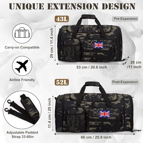 Bunnychic Expandable Tactical Duffle Bag for Men, 52L Large Holdall Bag Gym — view 4