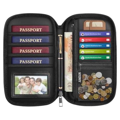JUNDUN Fireproof Family Passport Holder Travel Wallet for 4 with RFID