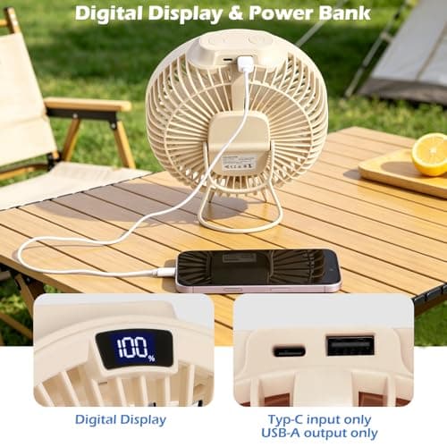 Hianjoo USB Desk Fan, Small Mini Table Fan with Remote Control, Quiet with Timer Function, Hanging Camping Fan with LED Light, 4 Speeds, Power Bank, LED Display, 4000mAh, Beige — view 5