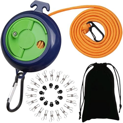 ZONSUSE Portable Travel Clothesline,Adjustable Camping Clothesline,10m Anti-Tangle Retractable Clothes Line,with 10 Fixed Buckles and 20 Clothespins, for Indoor Outdoor Balcony Garden Hotel (Green-B)