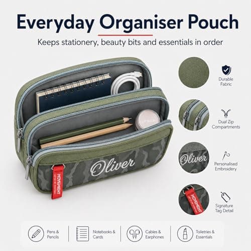 Pencil Case for Personalised Embroidered Name, Pencil Pouch, Camo Green Bag — view 5