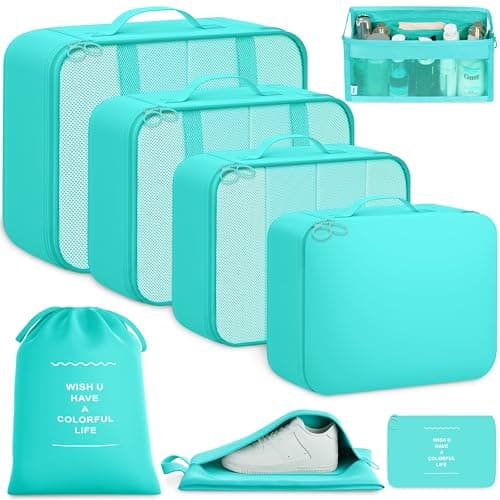 BAGAIL 8-Piece Packing Cubes Set, Travel Organizers with Breathable Mesh & Shoe Bag, Lightweight Nylon Packing Organisers for Luggage Suitcase, 9 Colors - Blue Sky
